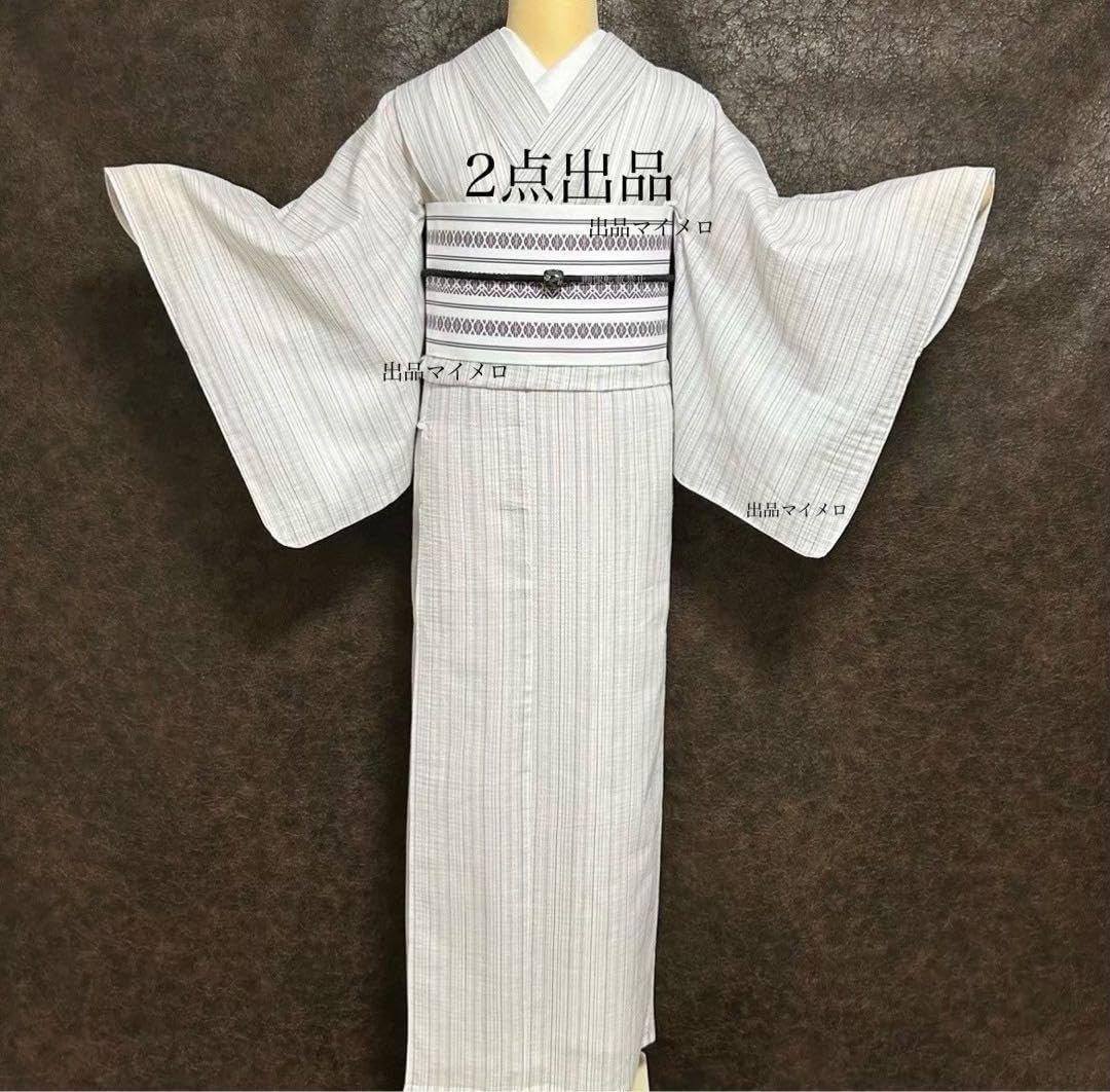 古典しじら織　浴衣　綿　粋な夏着物　縞柄　献上帯 半幅帯白　2点　0820⑨ 古典しじら織浴衣綿麻！粋な夏着物縞柄献上帯 半幅帯白2点0617⑪